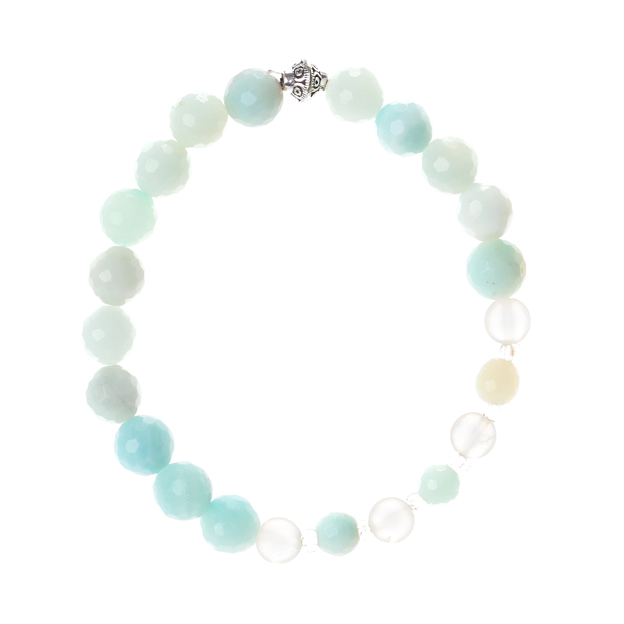 Armband aus Amazonit, Labradorit, Kristall und Zuchtperlen auf flexiblem Gummiband in zarten Aqua- und Cremetönen