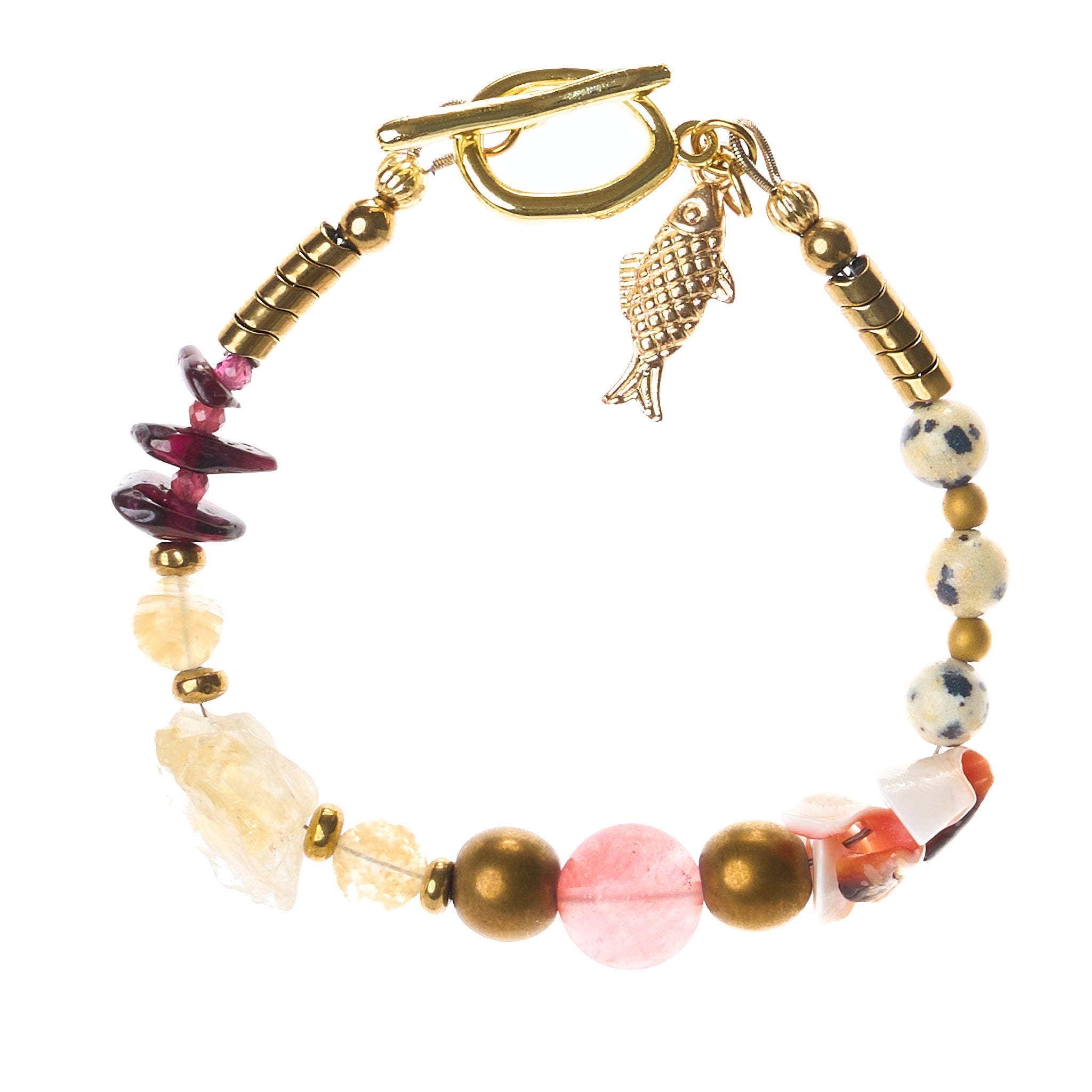 Armband aus Granat, Hämatit, Muschel, Dalmatinerjaspis, Citrin und Strawberry Quarz mit goldfarbenen Details und dekorativem Anhänger