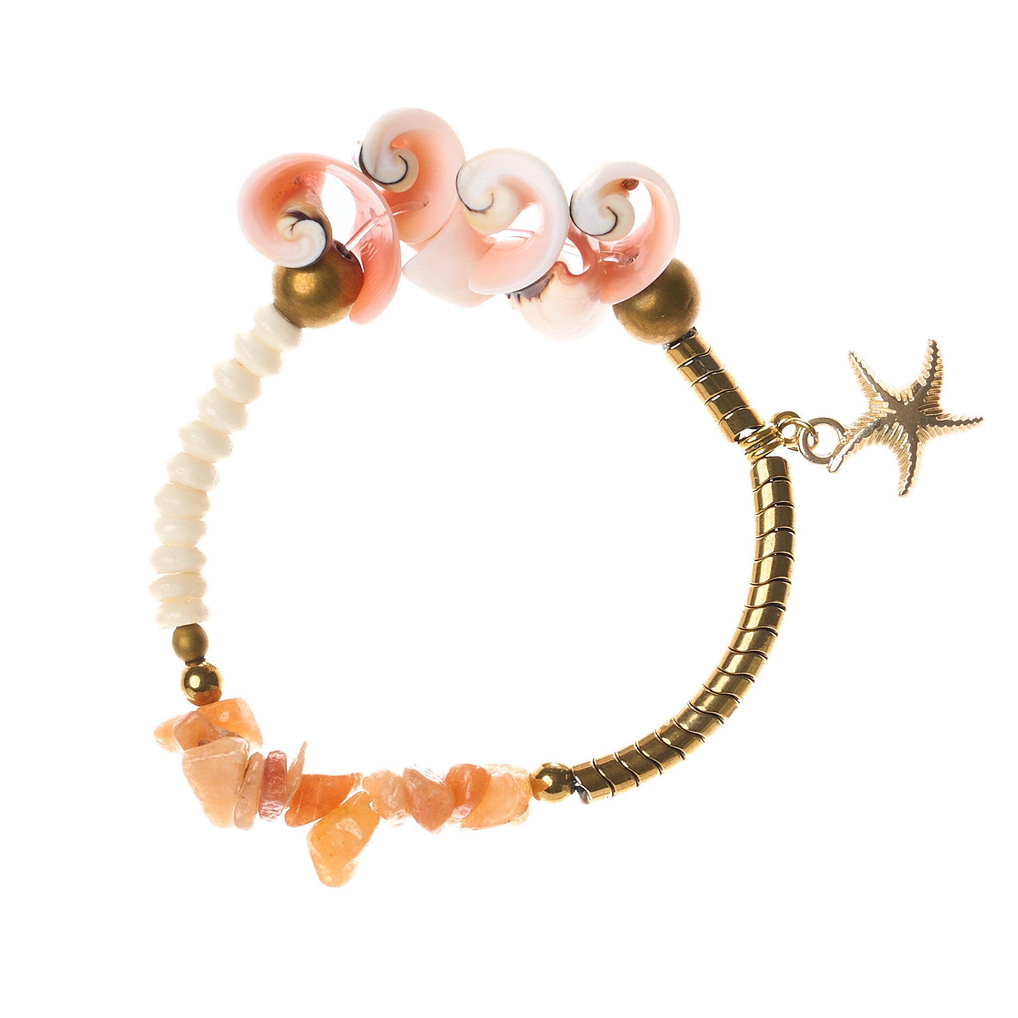 Armband aus Karneol, Muschel, Hämatit, Achat und gelbem Aventurin mit goldfarbenen Details und Seestern-Anhänger