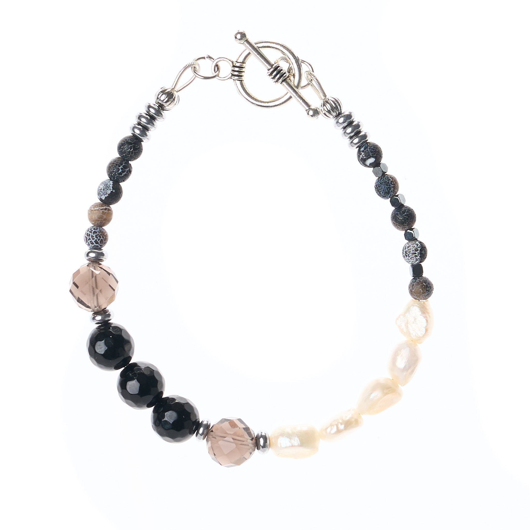 Armband aus Süßwasserperlen, Onyx, Rauchquarz, Hämatit, Turmalin und Achat mit Drachenmuster in elegantem Schwarz-Creme-Kontrast