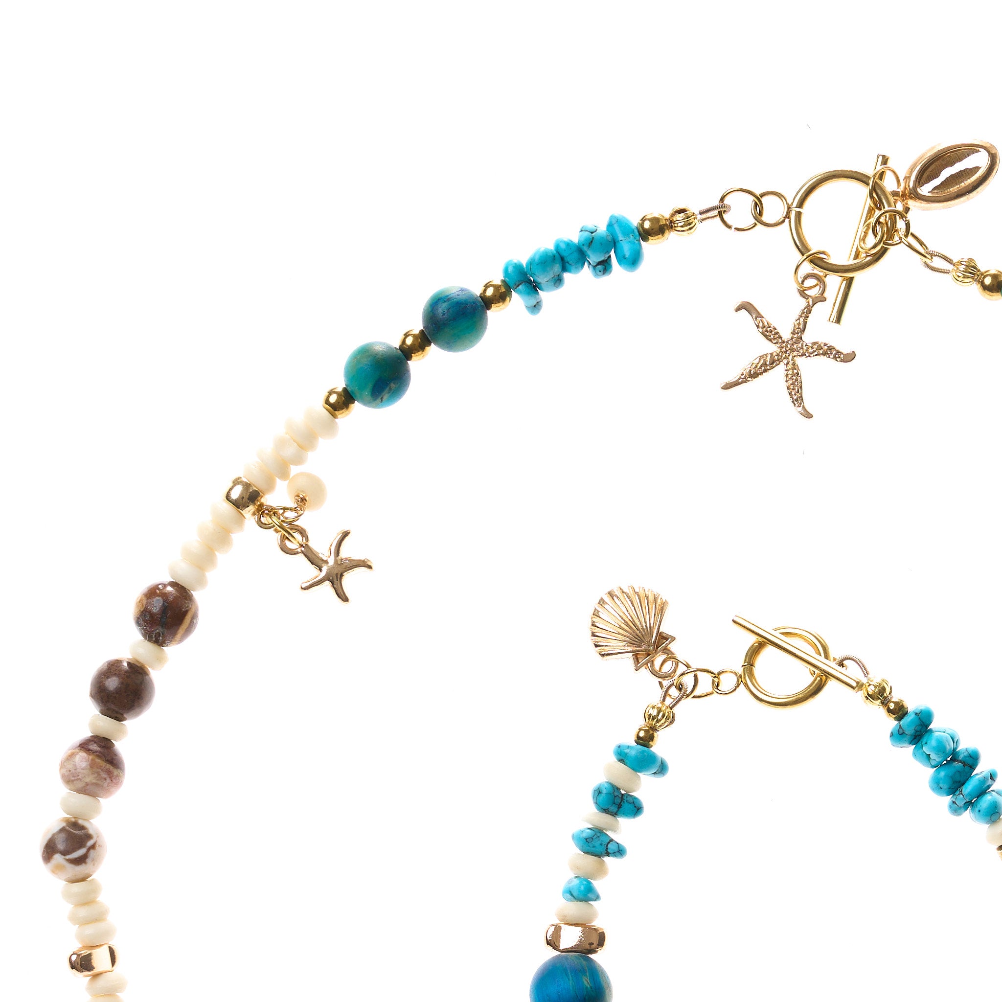 Halskette 55 cm mit Türkis, Bilderjaspis, Muschel, blauem Howlit, blauem Tigerauge und Hämatit, maritime Anhänger