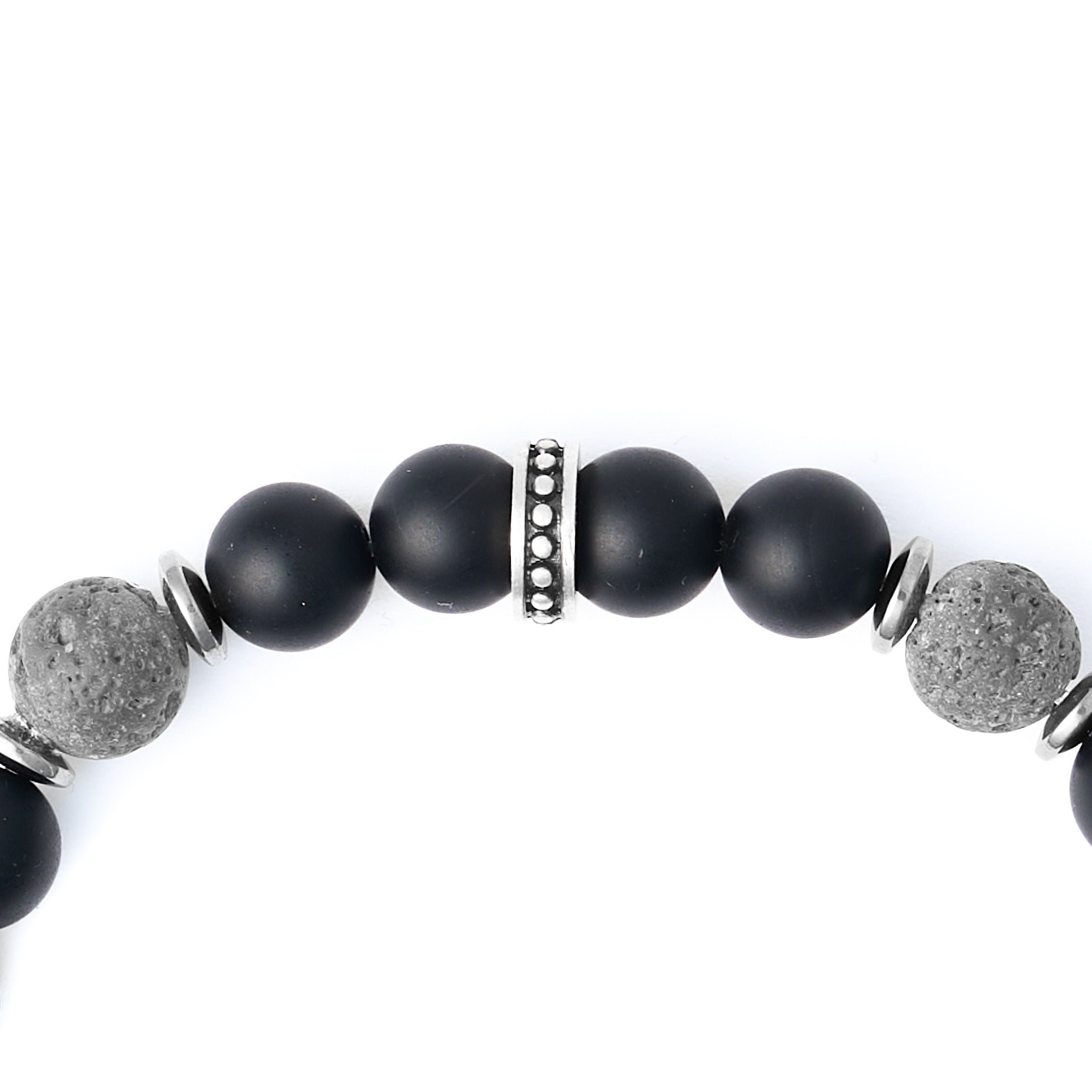 Oberes Detail des Volcanic Vein Armbands mit Onyx, Lava und Edelstahlelement