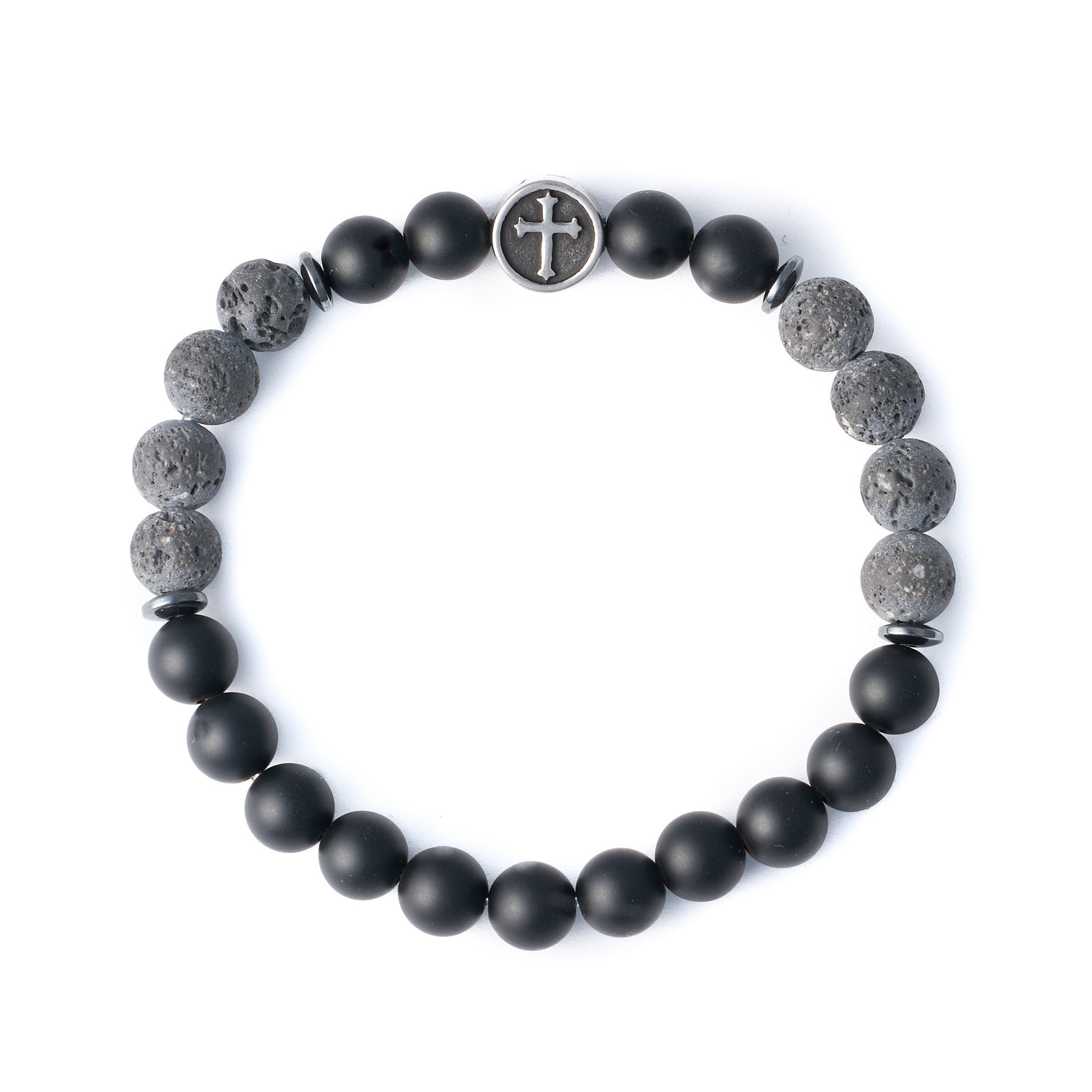 Shadow Forge Armband aus Onyx, Lava, Hämatit und chirurgischem Edelstahl mit Kreuz-Element