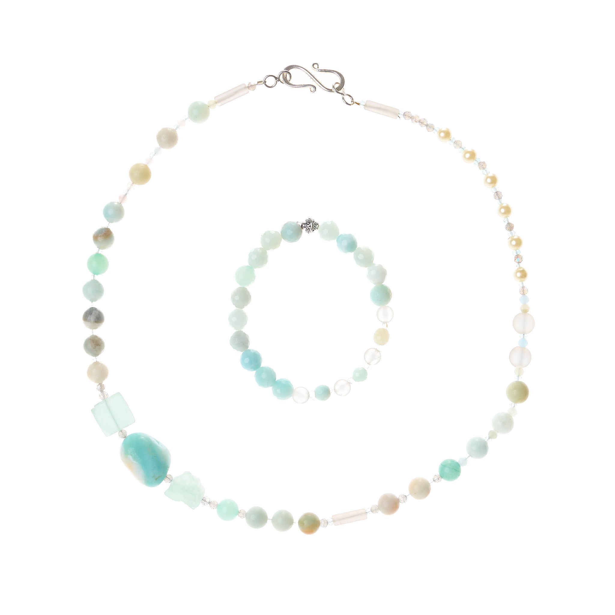 Schmuckset mit Halskette und Armband aus Amazonit, Labradorit, Kristall und Zuchtperlen mit Echtsilber-Verschluss