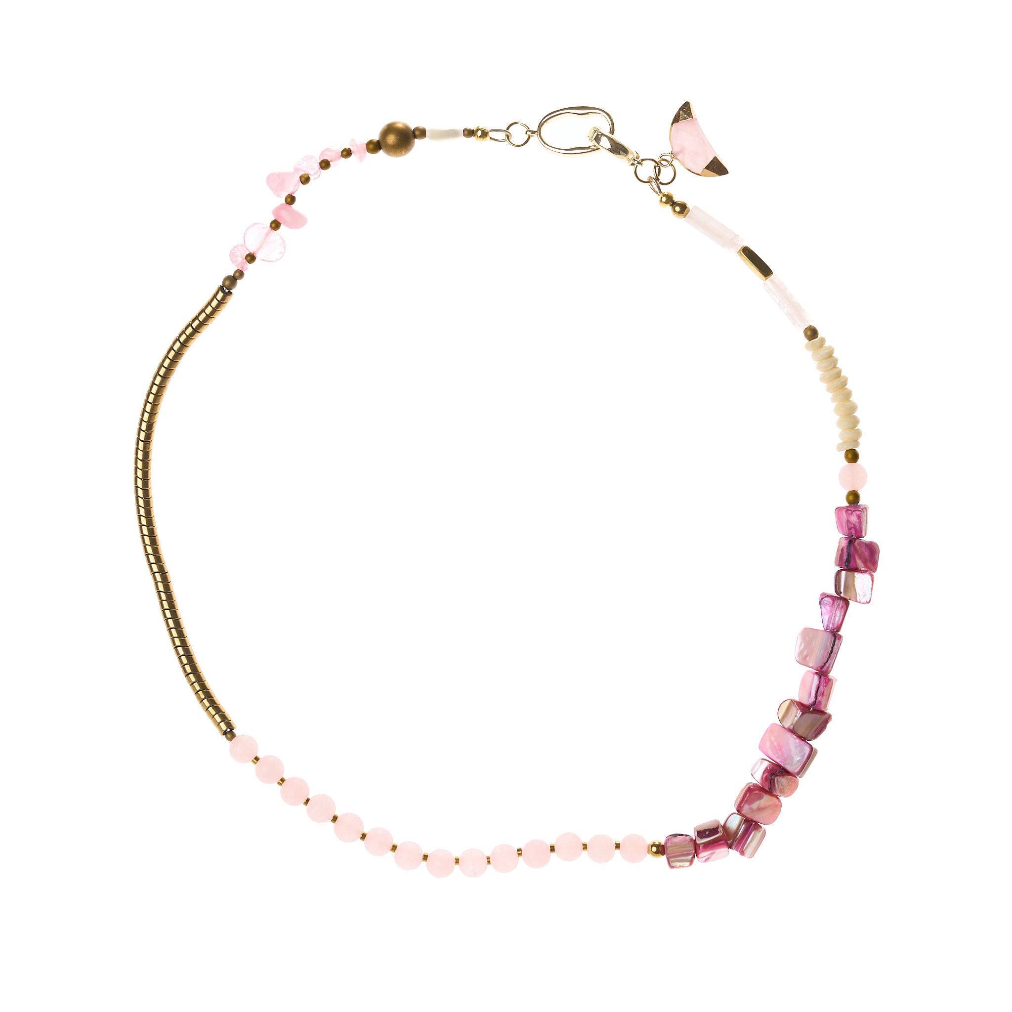 Halskette aus Muschel, Rosenquarz und Hämatit in zarten Rosatönen mit goldfarbenen Details