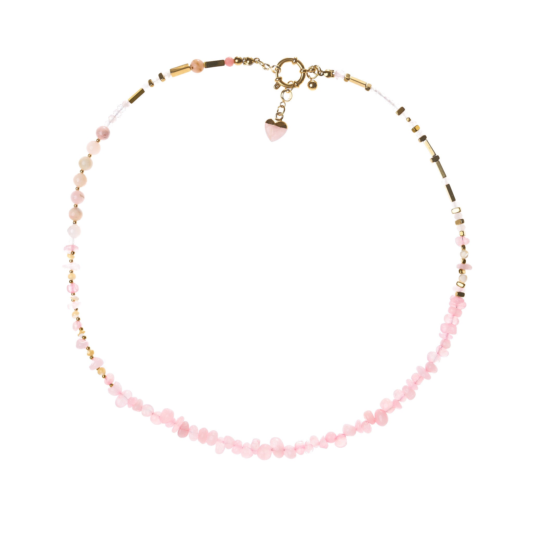 Halskette aus Rosenquarz, Achat, Hämatit und Quarz in zarten Rosatönen mit goldfarbenen Details