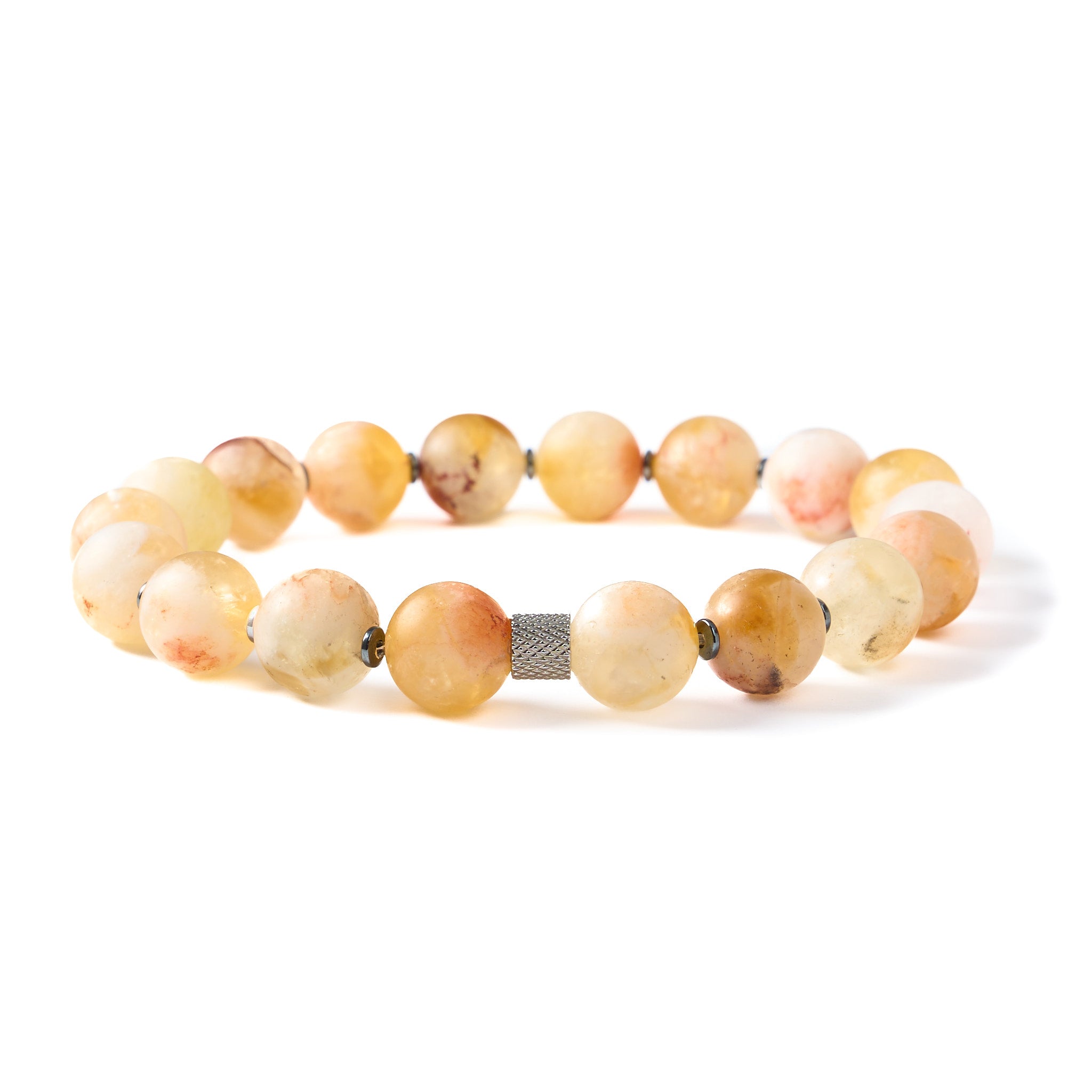 Handgefertigtes Citrin-Armband für Herren mit Hämatit-Elementen auf weißem Hintergrund.