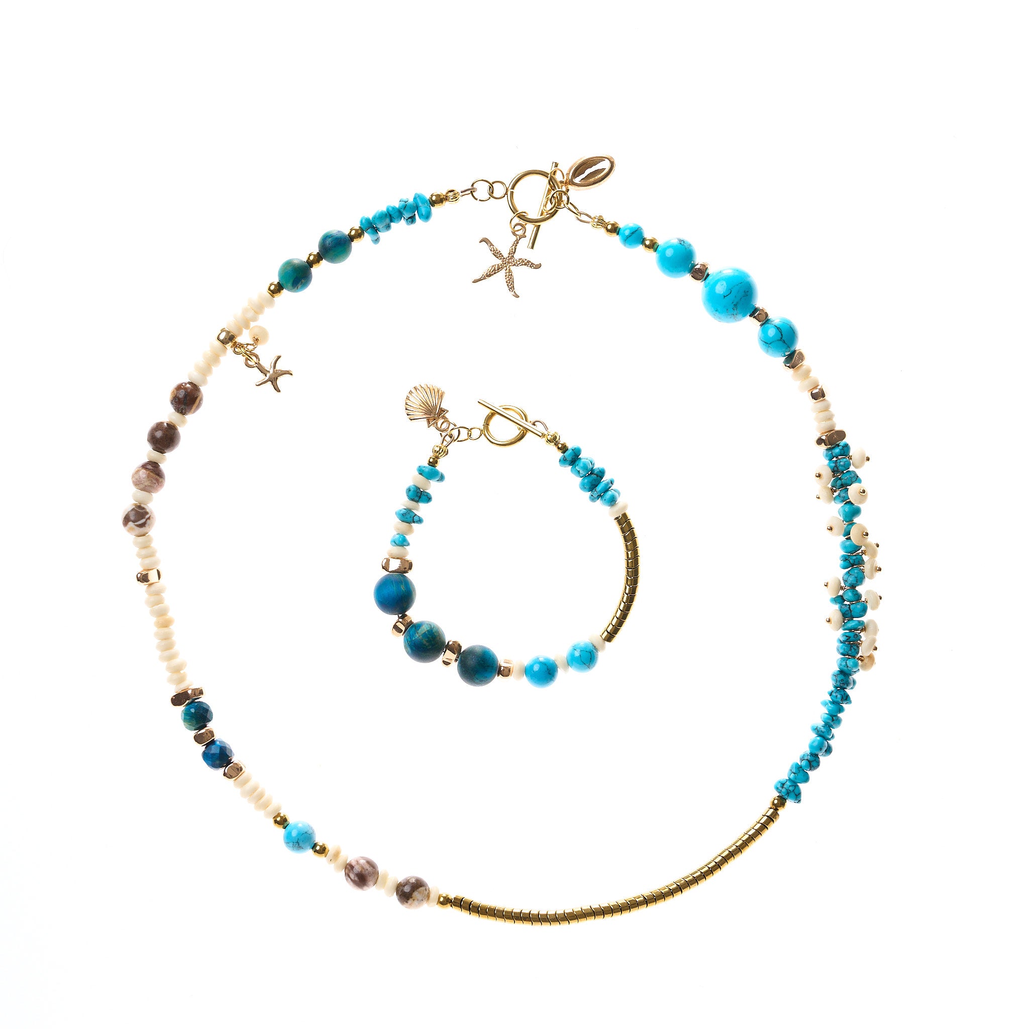 Schmuckset Halskette 55 cm und Armband 16,5 cm aus Türkis, Bilderjaspis, Muschel, blauem Tigerauge, Howlit und Hämatit mit Meeresanhängern
