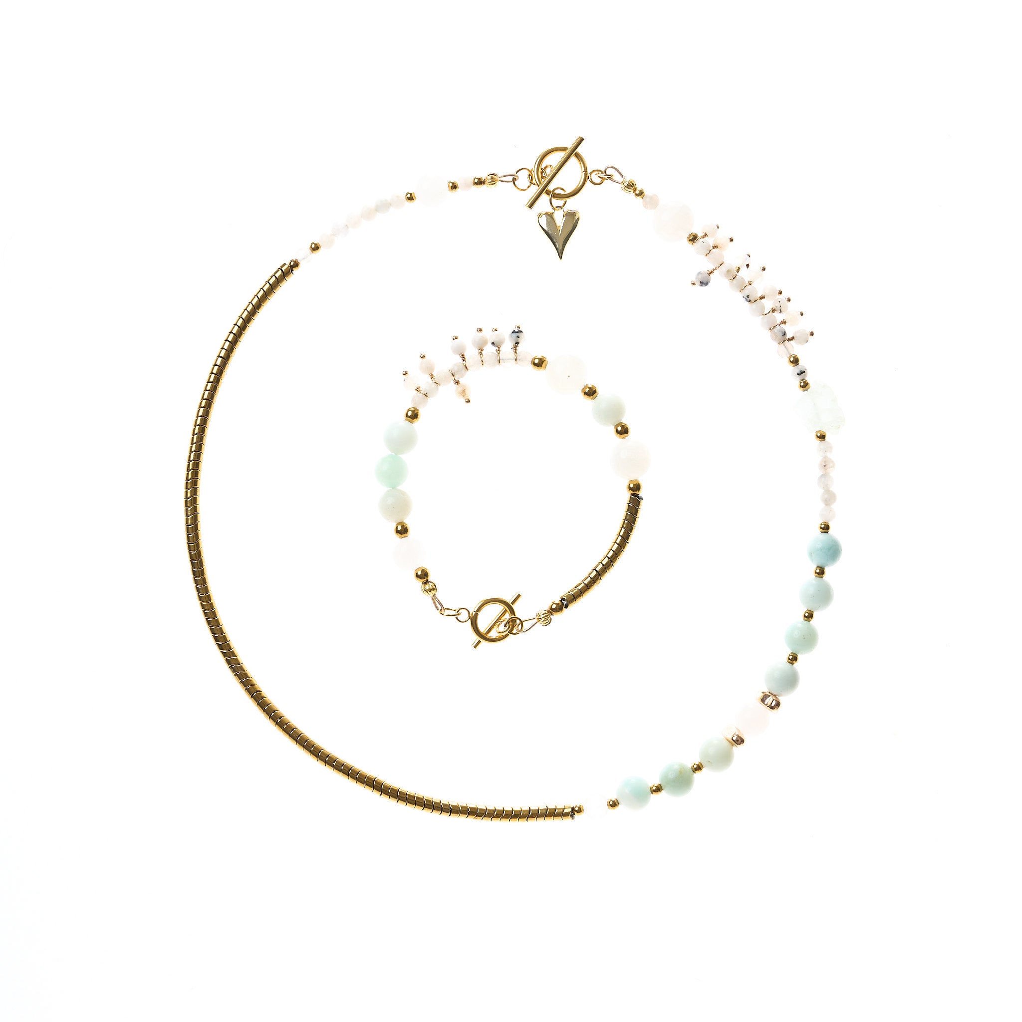 Schmuckset Halskette 50 cm und Armband 17,5 cm aus Mondstein, Amazonit, Quarz und Hämatit fixes Band