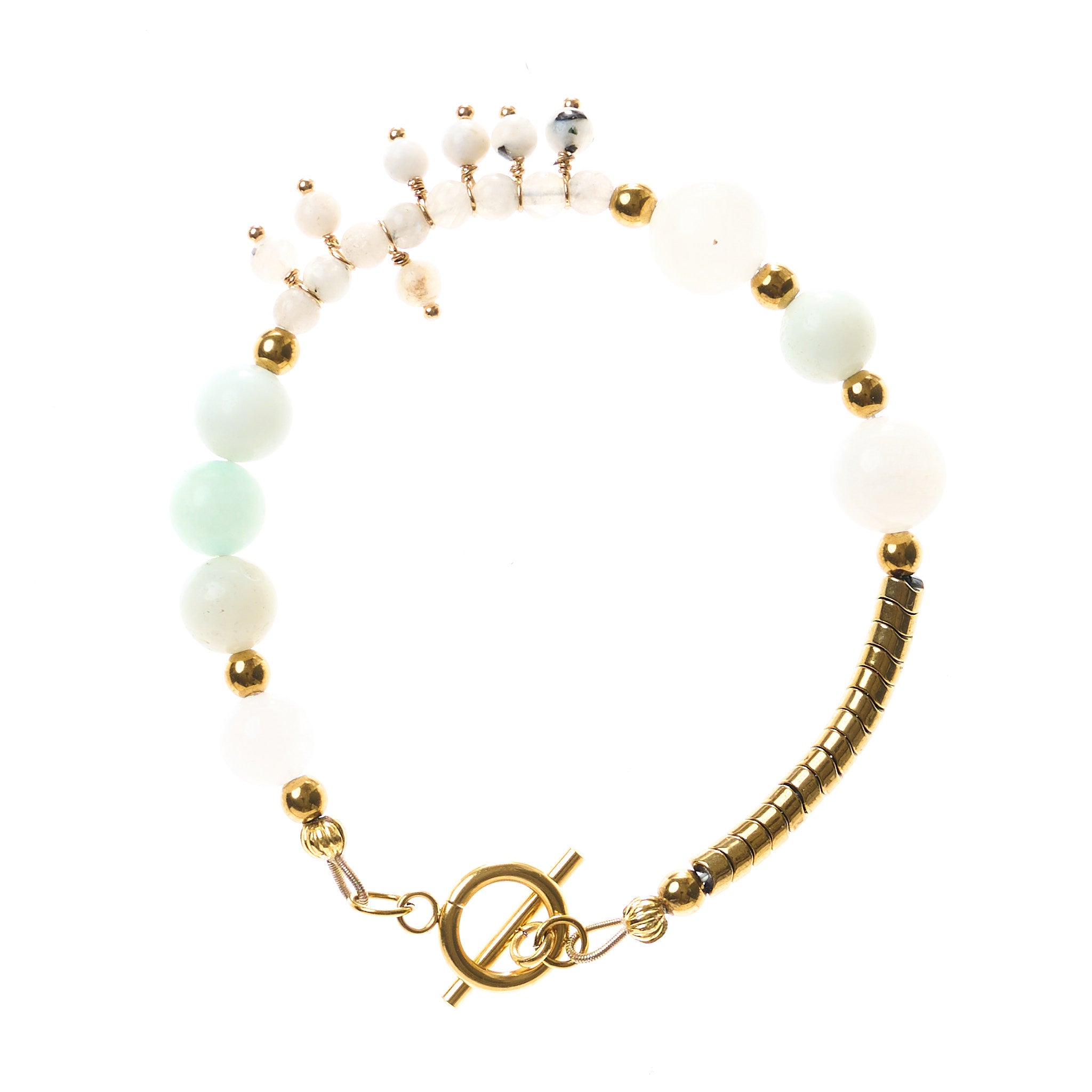 Armband 17,5 cm fixes Band mit Mondstein, Amazonit, Quarz und Hämatit Detailansicht