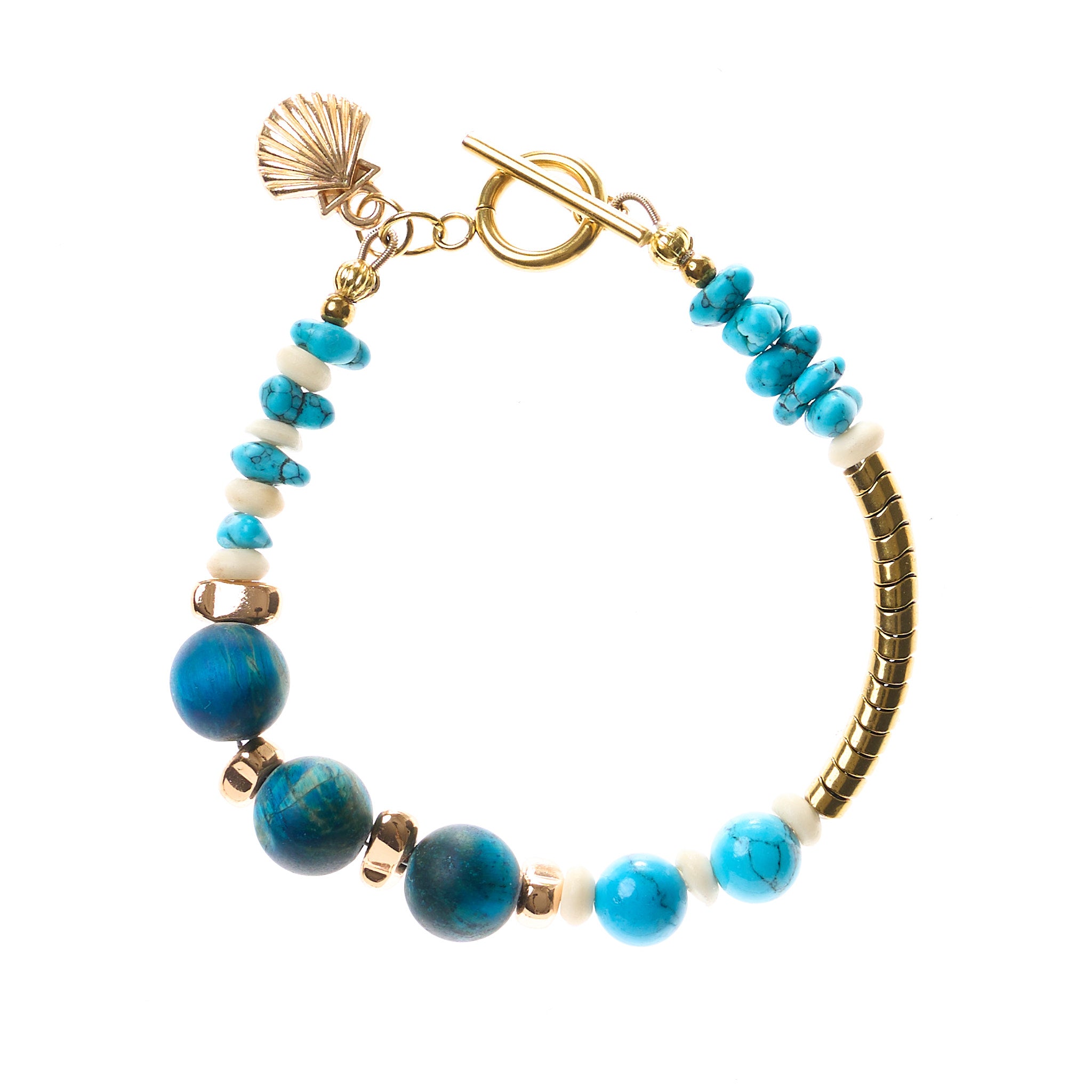 Armband 16,5 cm fixes Band mit Türkis, blauem Tigerauge, Muschel, Howlit und Hämatit, Meeresanhänger