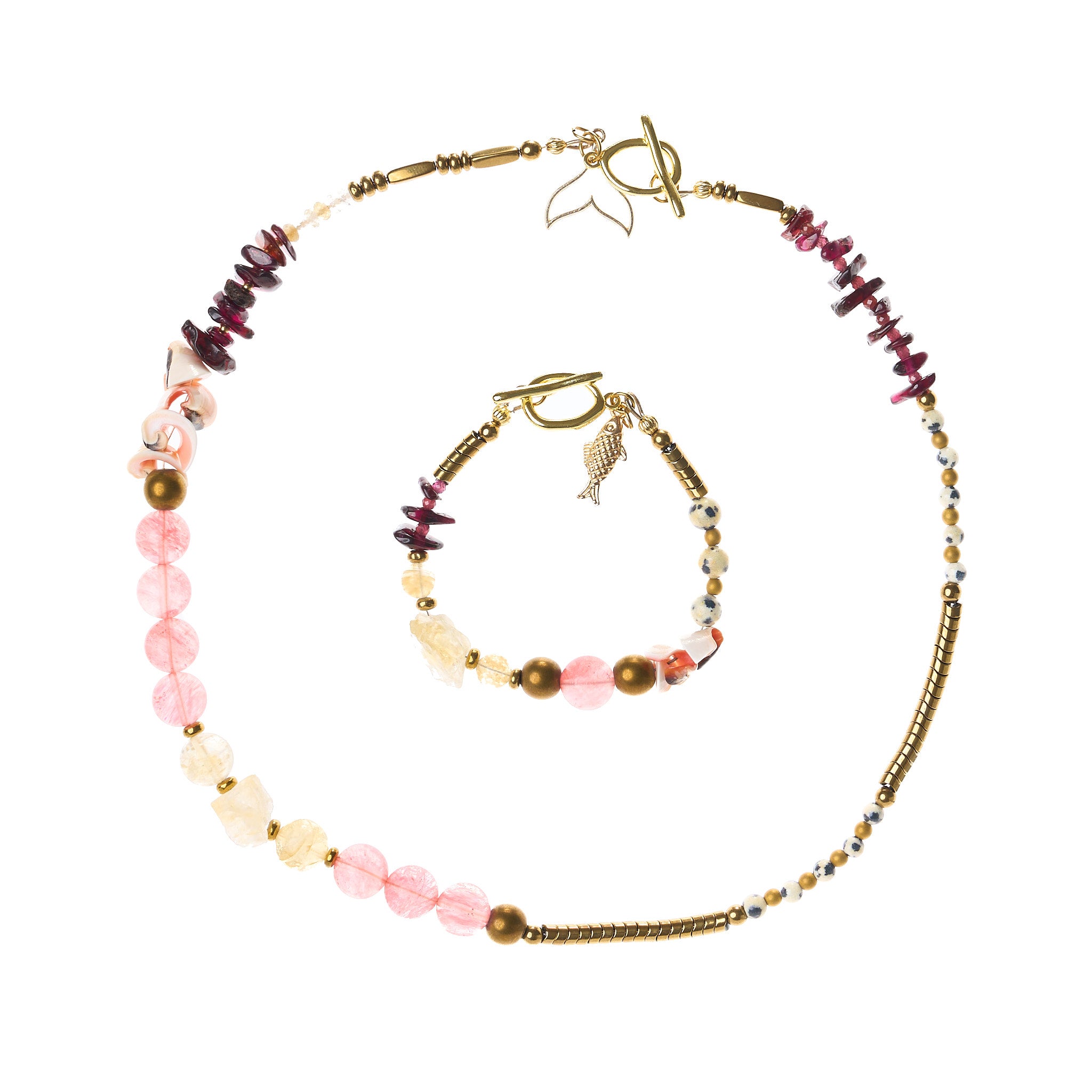 Schmuckset mit Halskette und Armband aus Granat, Hämatit, Muschel, Dalmatinerjaspis, Citrin und Strawberry Quarz in warmer, kunstvoller Farbkombination